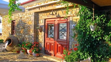 A stone building with a red door, potted plants, and a bicycle.