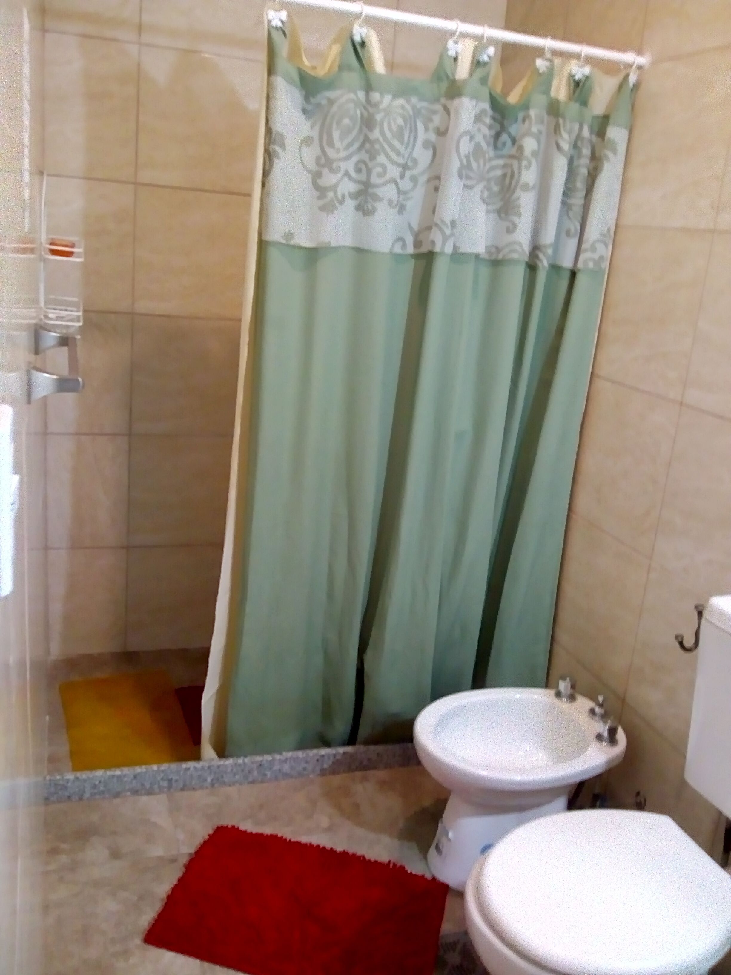 A bathroom with a shower curtain, a bidet, a toilet, and a red rug.