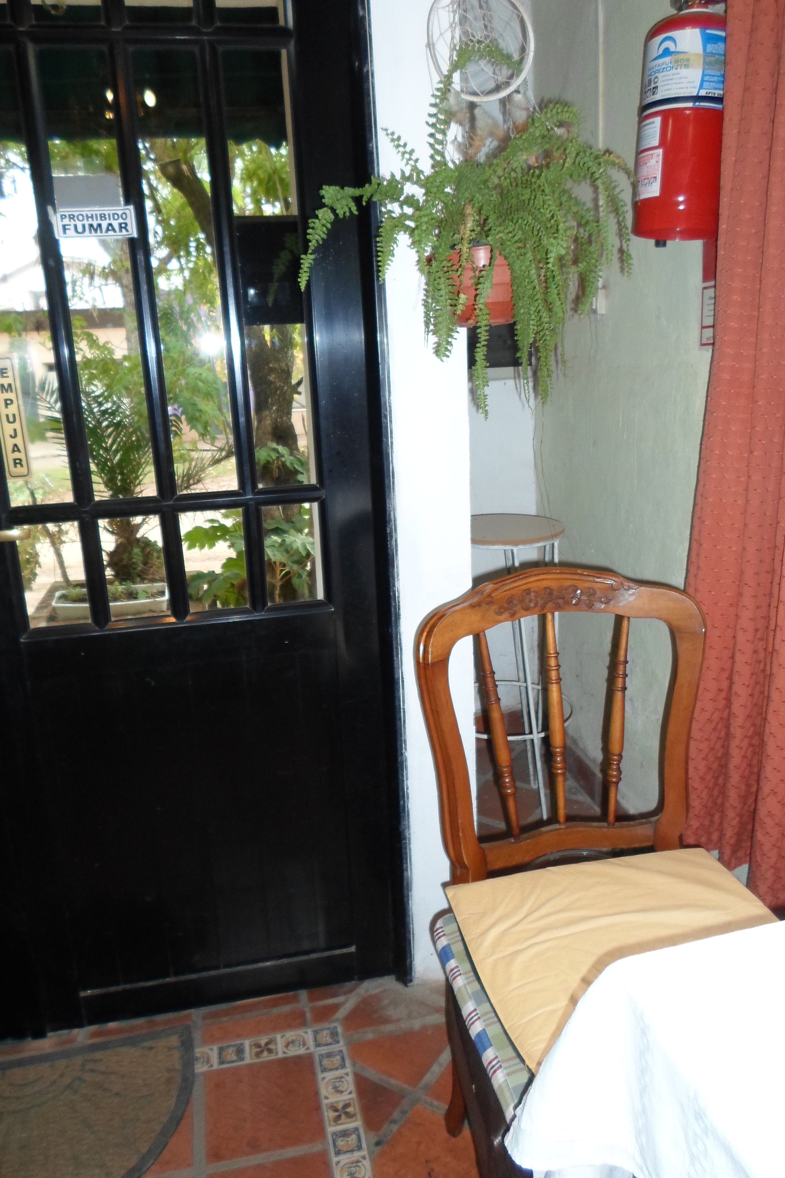 A room with a black door, a wooden chair with a cushion, a small table, and a hanging plant.