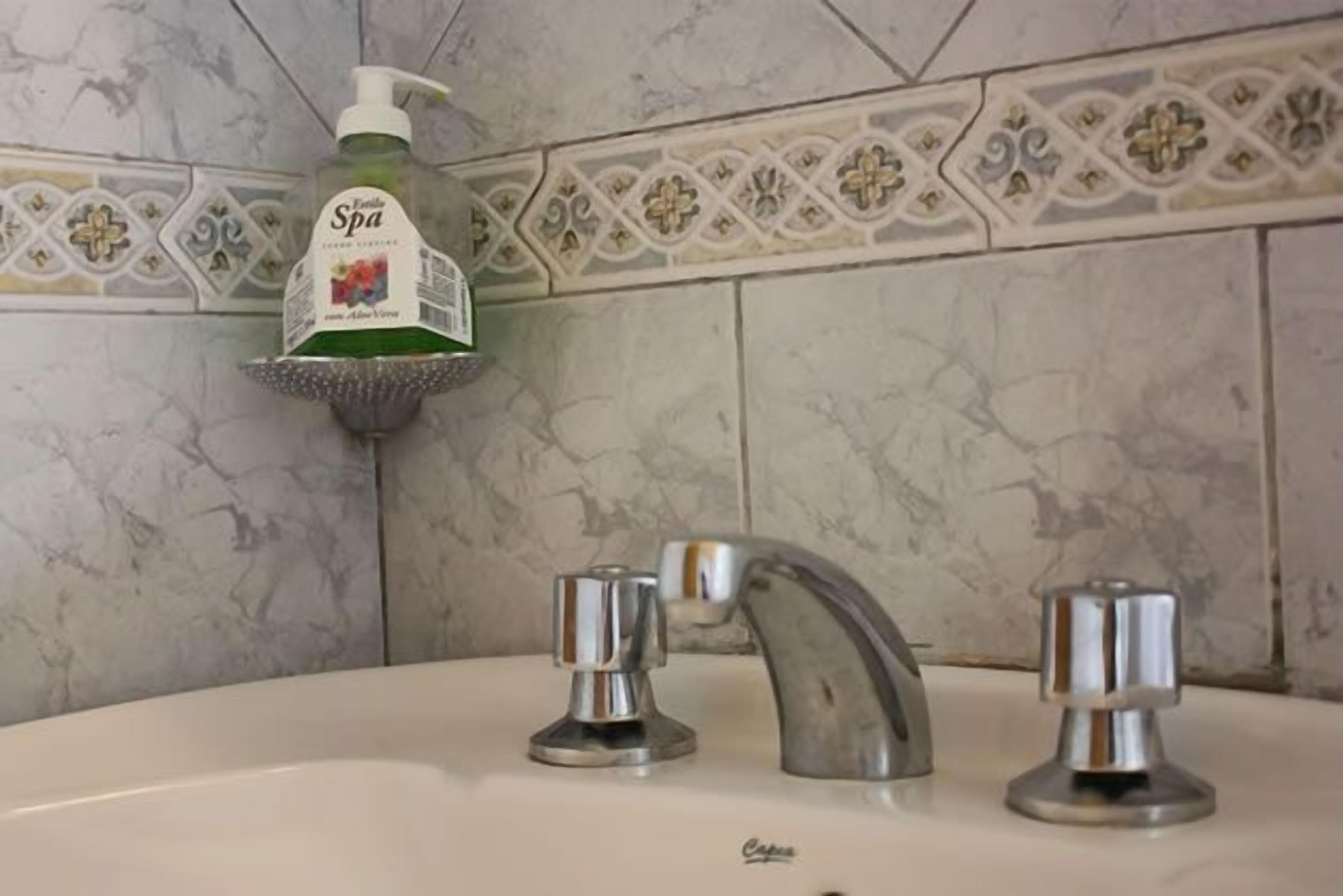 A bathroom with a white sink, two chrome faucets, and a bottle of 'Spa' hand soap.