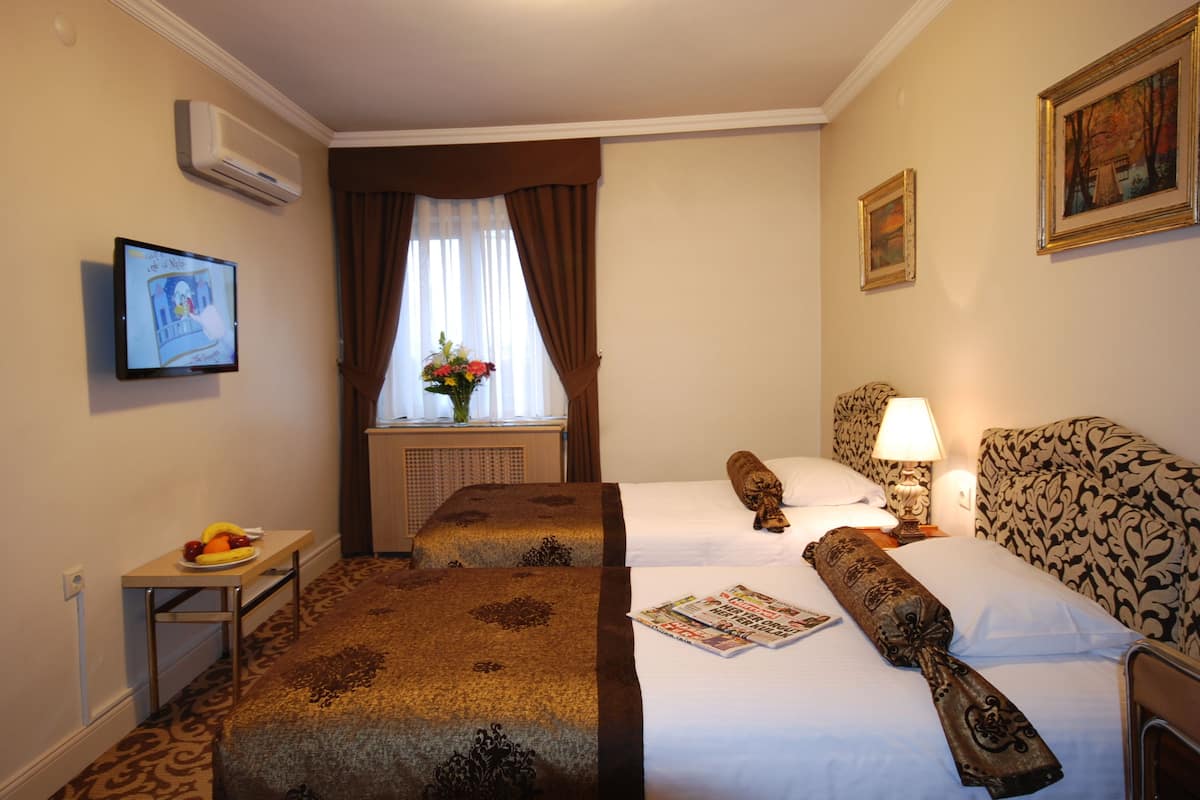 A hotel room with two beds, a small table with fruit, a TV, and a window with curtains.
