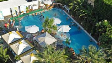 Indoor pool, open 7:30 AM to 7:30 PM, pool umbrellas, sun loungers