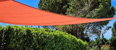 A swimming pool with lounge chairs and a large hedge.