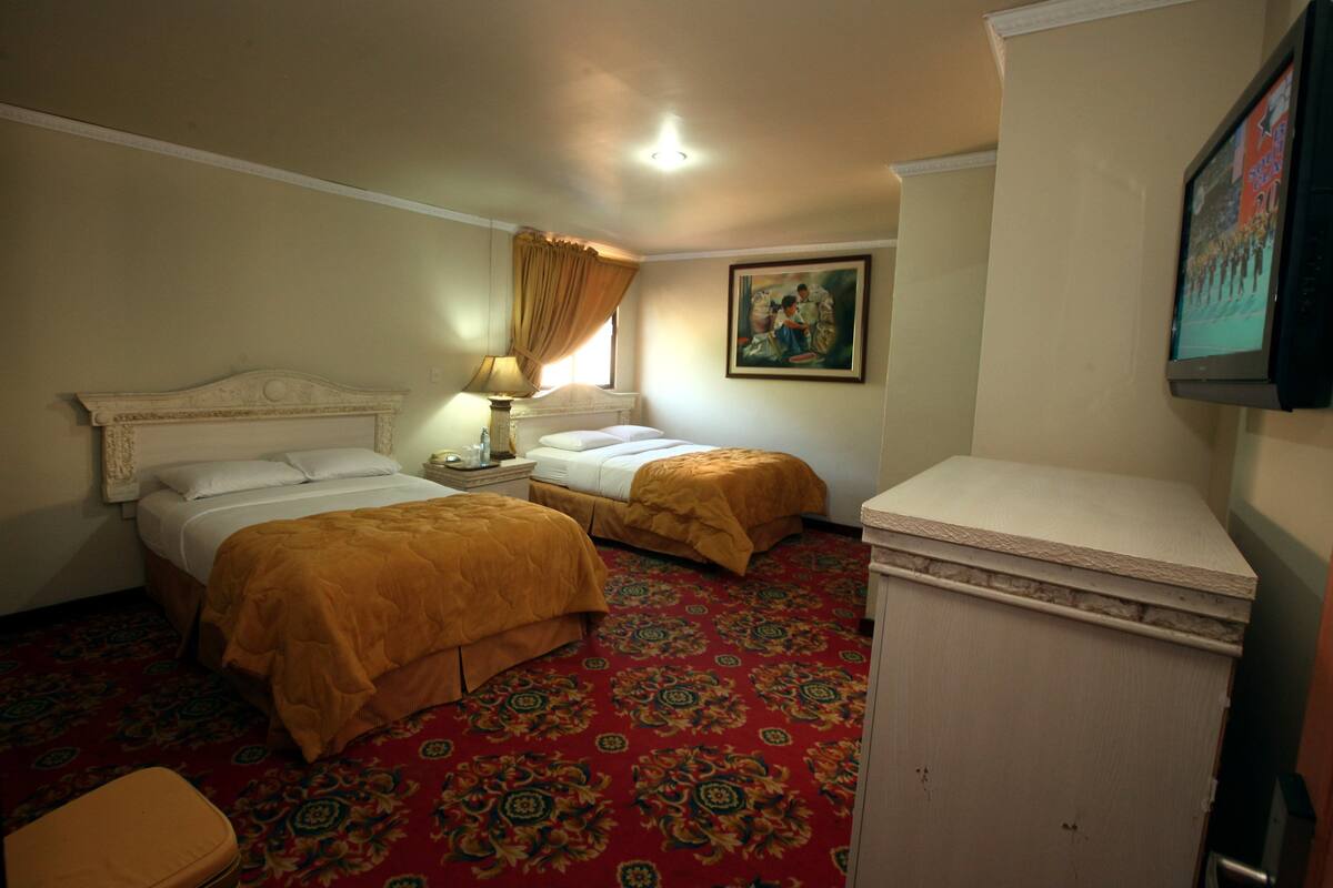 Een hotelkamer met twee bedden, een nachtkastje, een lamp, een schilderij en een televisie.