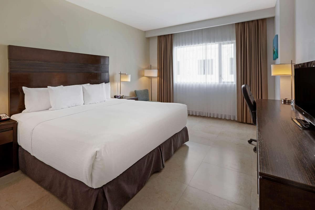Una cama grande con cabecera de madera, dos mesitas de noche con lámparas, un televisor de pantalla plana y un ventanal con cortinas.