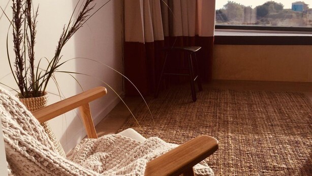 A cozy room with a wooden chair, a woven rug, and a potted plant. - Bruny Island Escapes and Hotel Bruny (Alonnah)