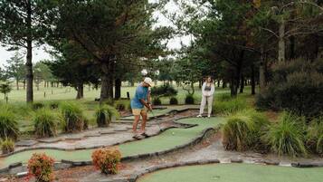 Um campo de mini golfe com superfície verde para tacadas, cercado por árvores e arbustos.