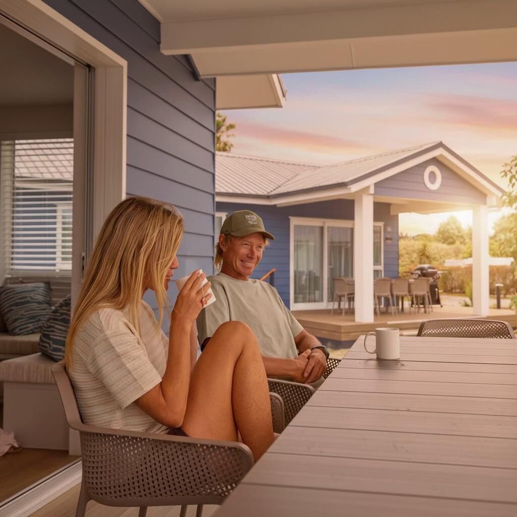 Duas pessoas sentadas numa mesa ao ar livre, com vista para uma casa e um terraço.