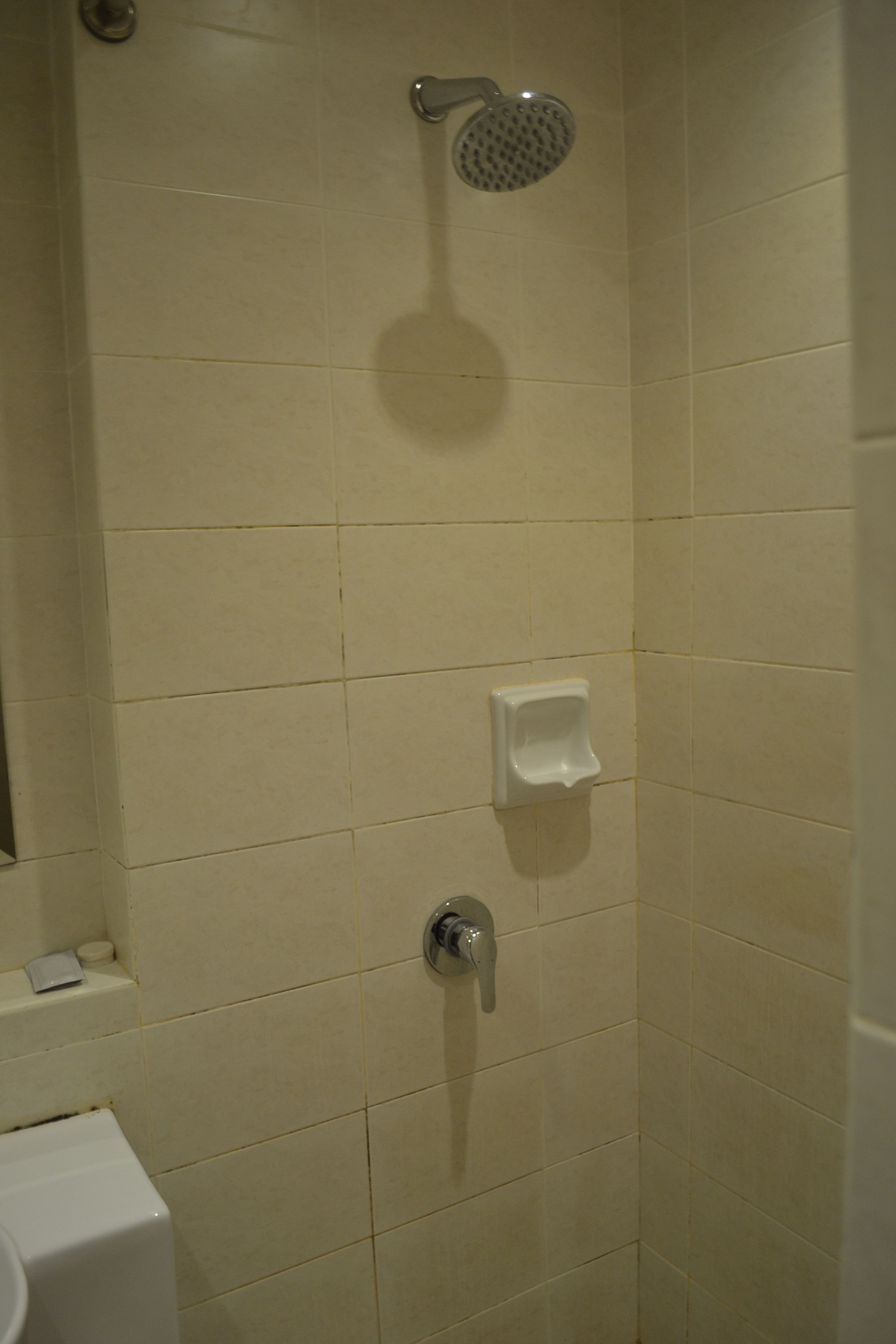 Un baño con ducha, inodoro y dispensador de jabón en la pared.
