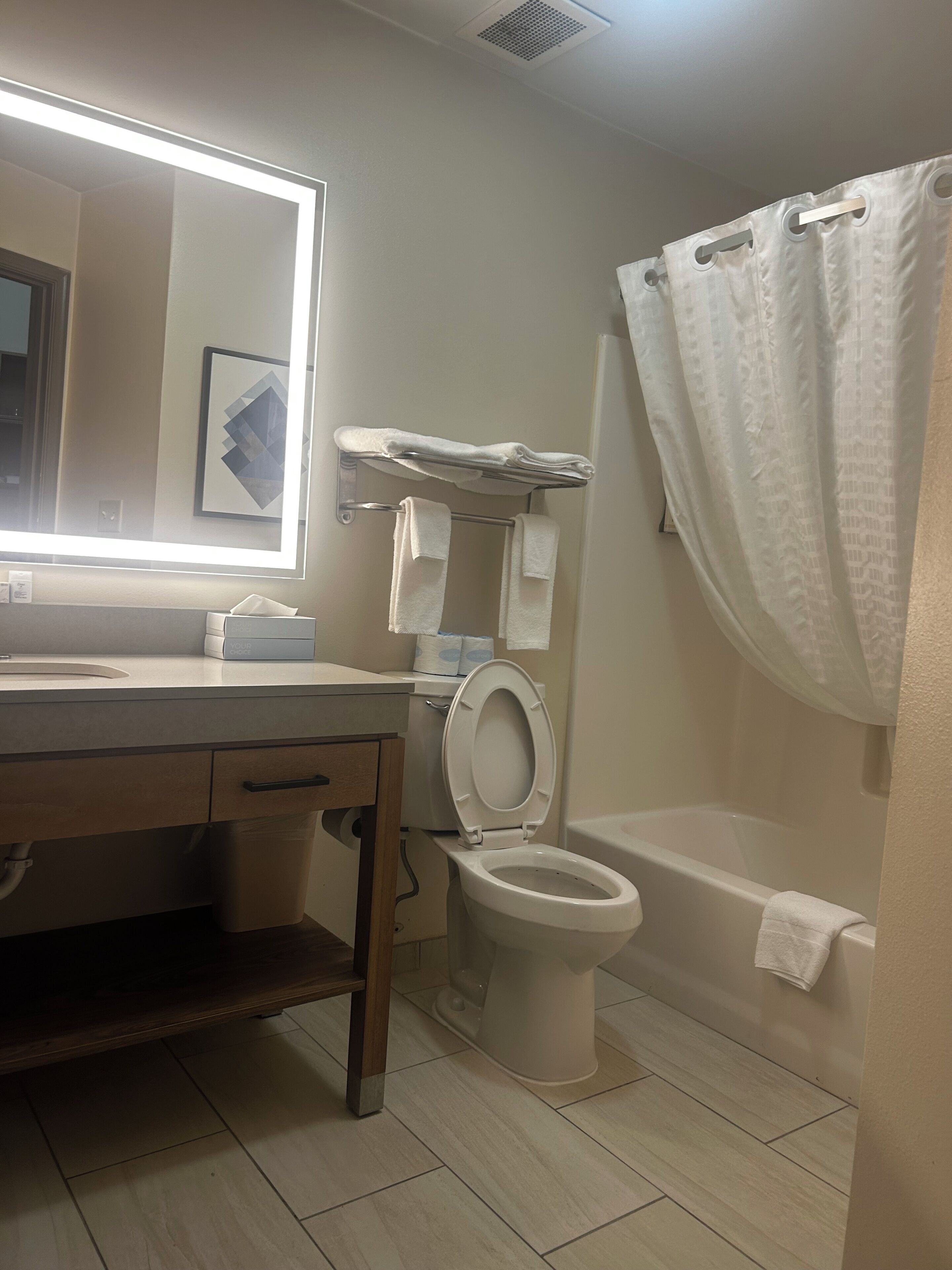 A bathroom with a toilet, sink, mirror, and shower curtain.