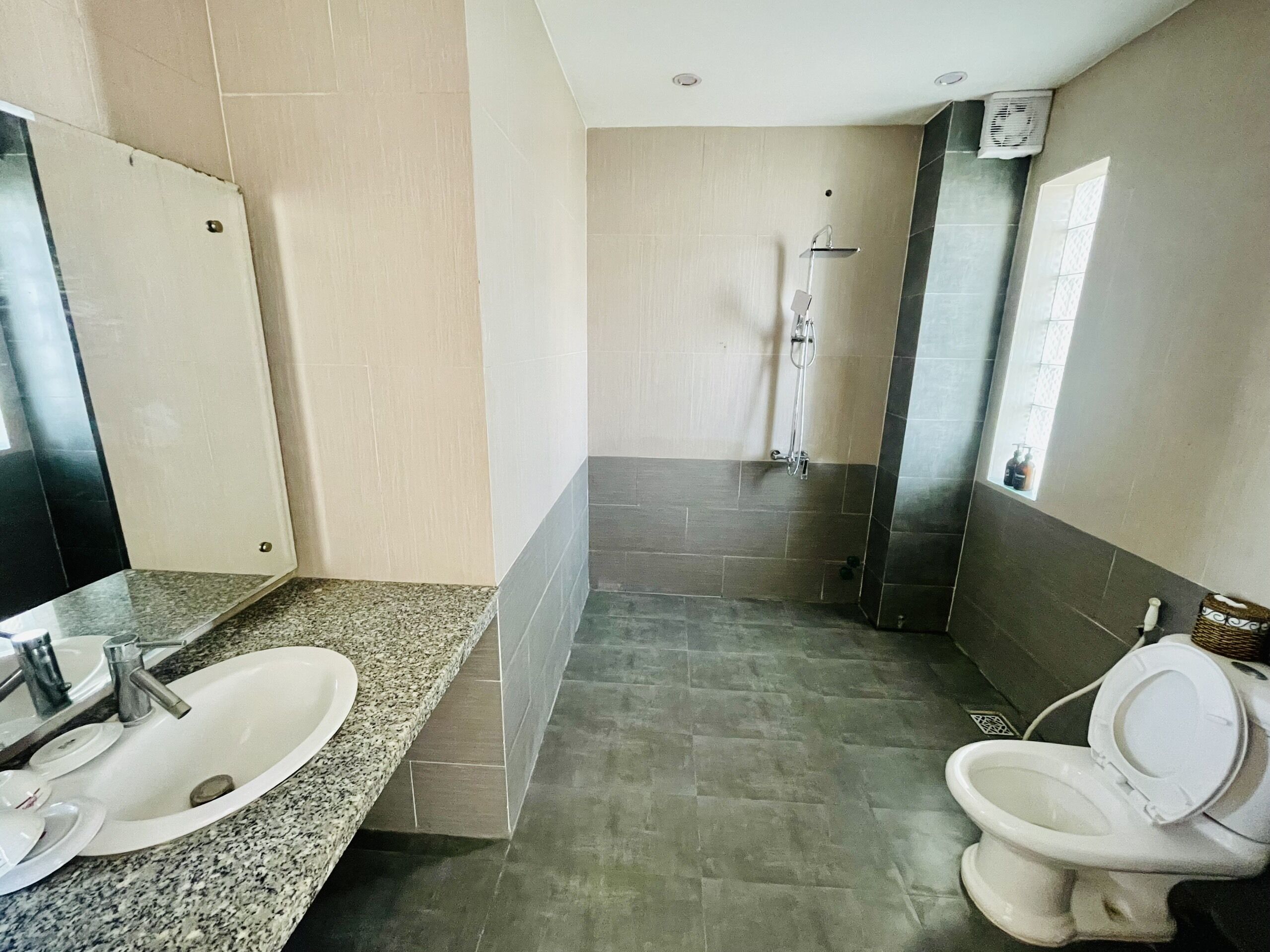 shower, rainfall showerhead, designer toiletries, hair dryer