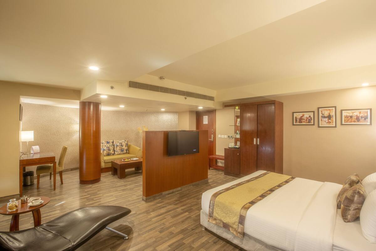 A hotel room with a bed, a TV, a desk, a chair, and a sofa.