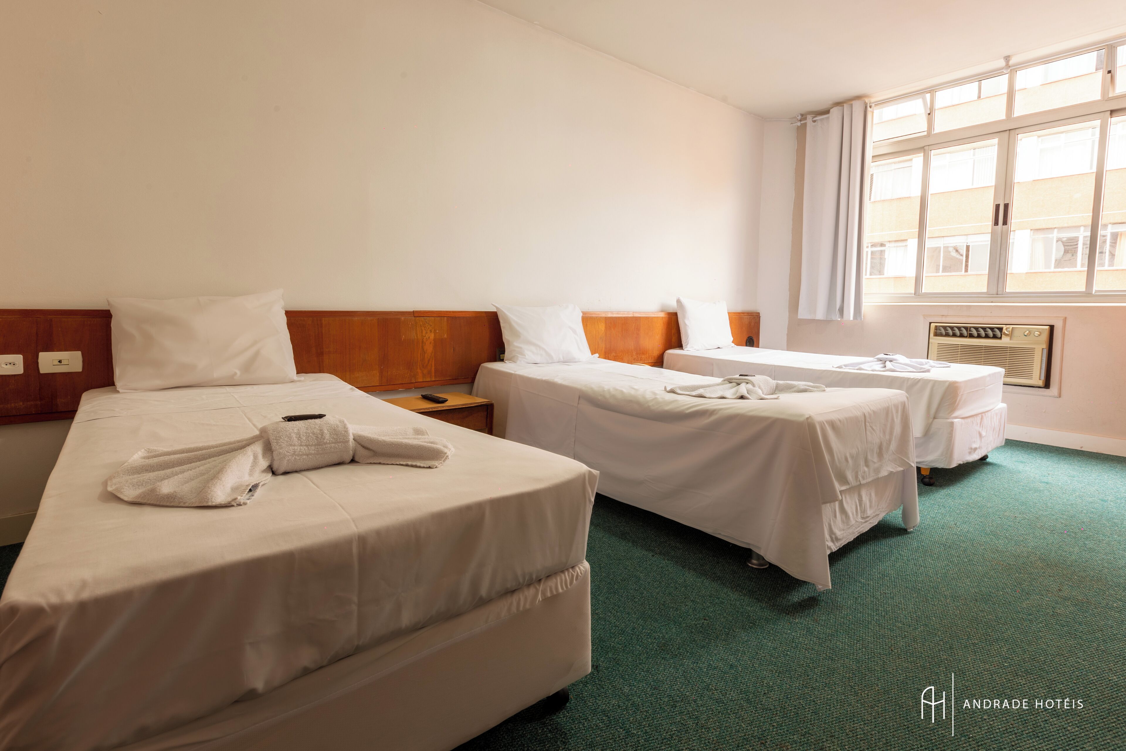 Een hotelkamer met twee eenpersoonsbedden, een houten hoofdbord, een groen tapijt en een raam met gordijnen.