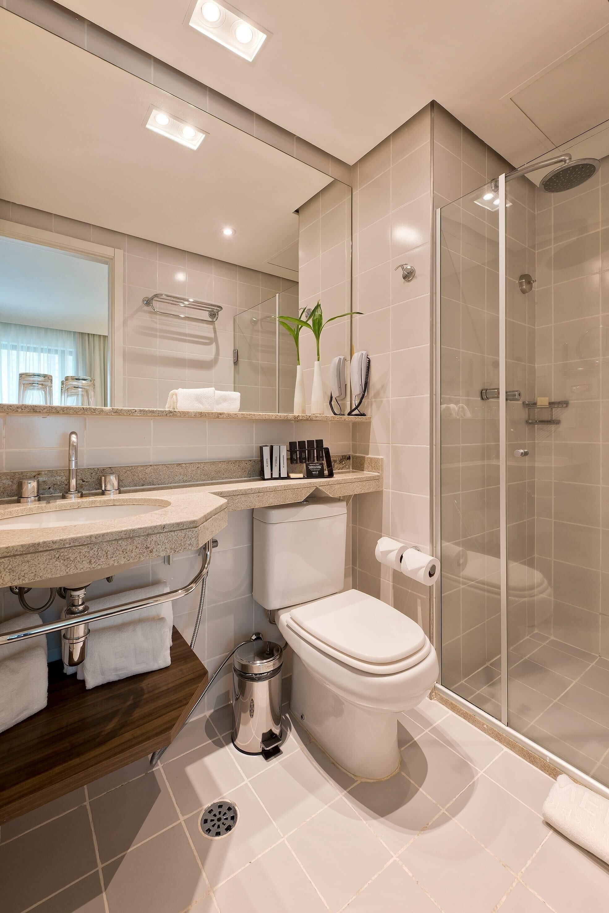 A modern bathroom with a glass-enclosed shower, a vanity with a sink, and a toilet.