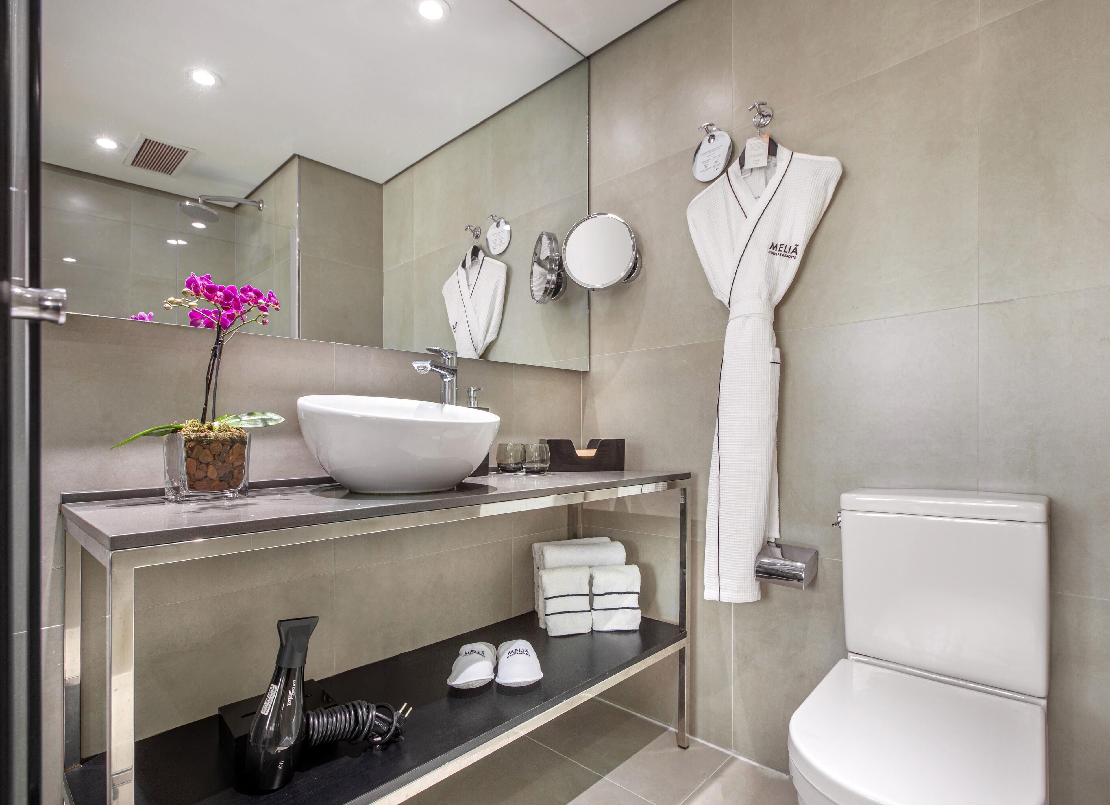 Un baño moderno con un lavamanos grande blanco, un espejo, un perchero para toallas y un inodoro.