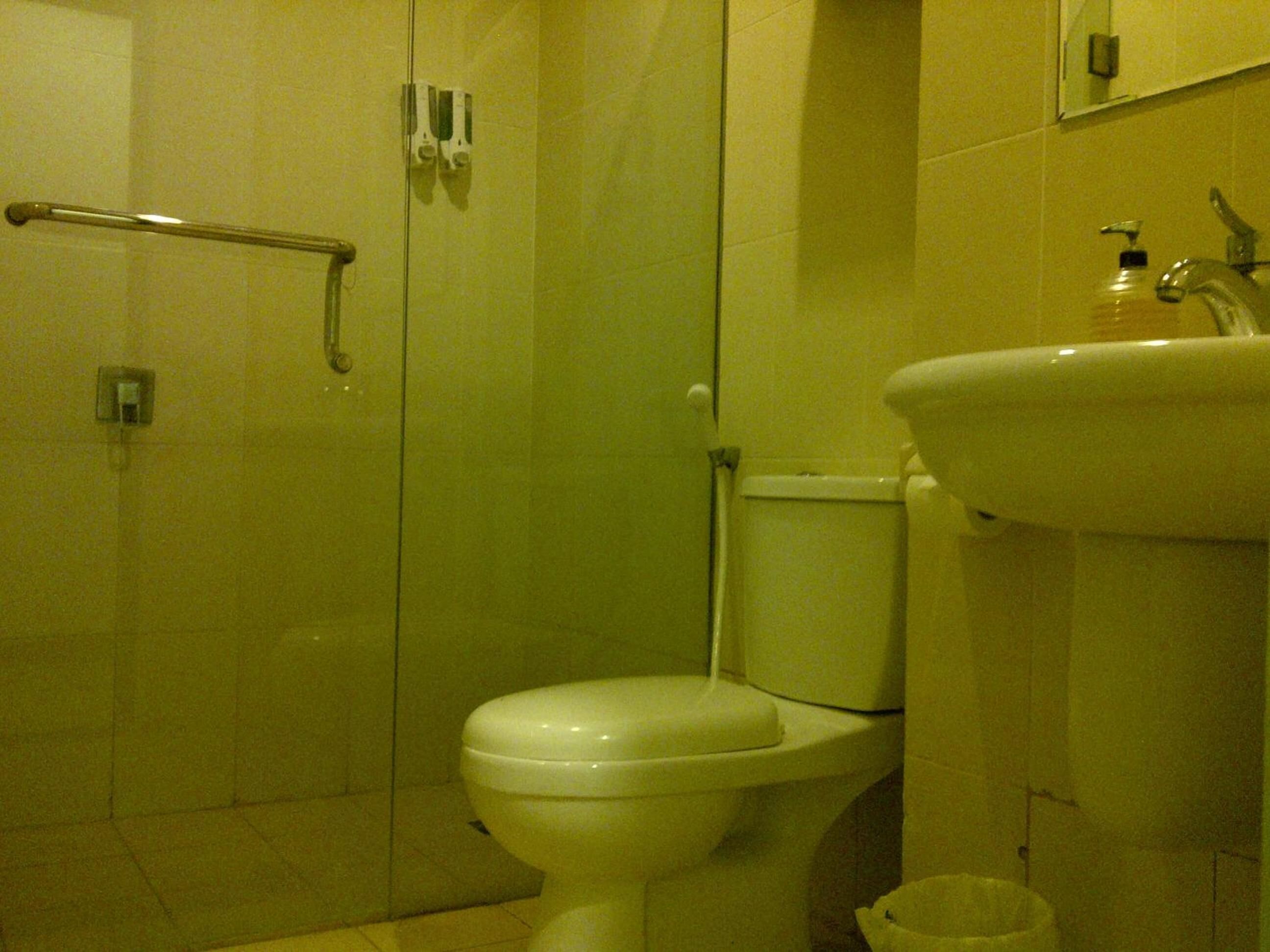 A bathroom with a toilet, a glass shower enclosure, and a sink with soap dispensers.