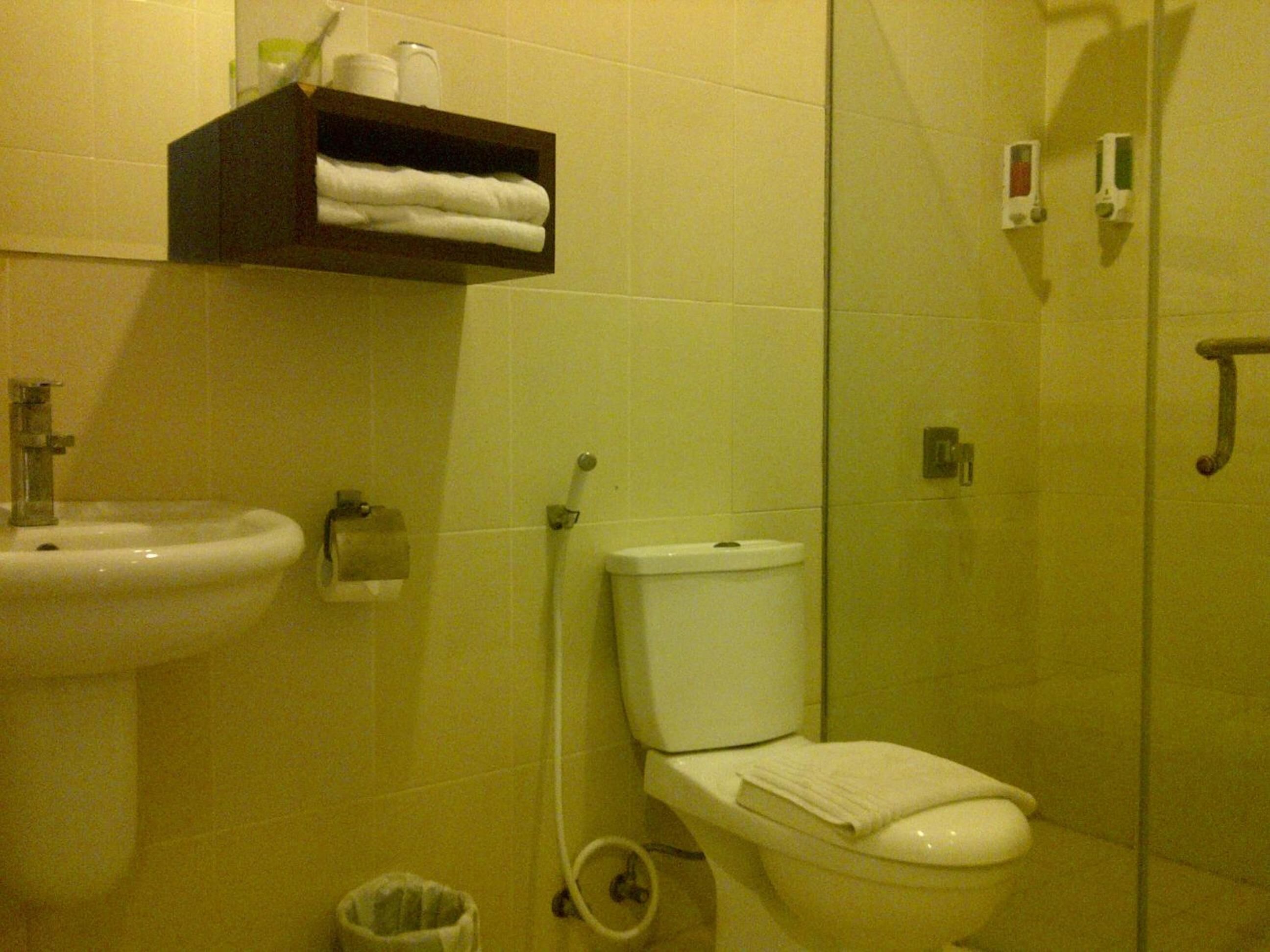 Un baño con lavamanos, inodoro y estante con toallas.