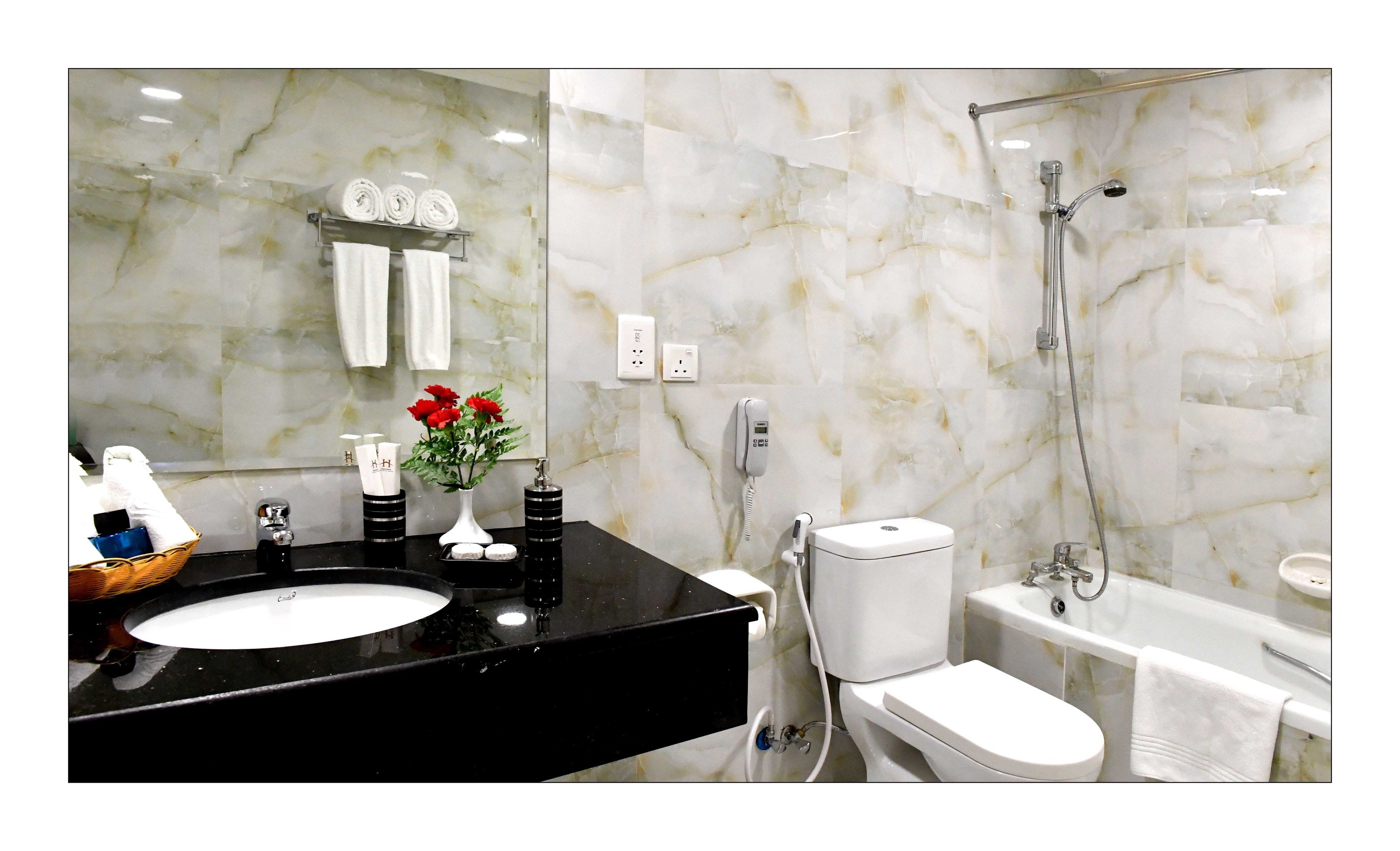 Hair dryer, bidet, towels