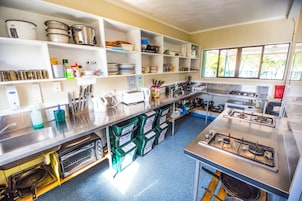Una cocina con electrodomésticos de acero inoxidable, estantes con vajilla y un ventanal que proporciona luz natural.