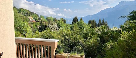 A wooden deck with a view of a mountainous landscape, surrounded by greenery.