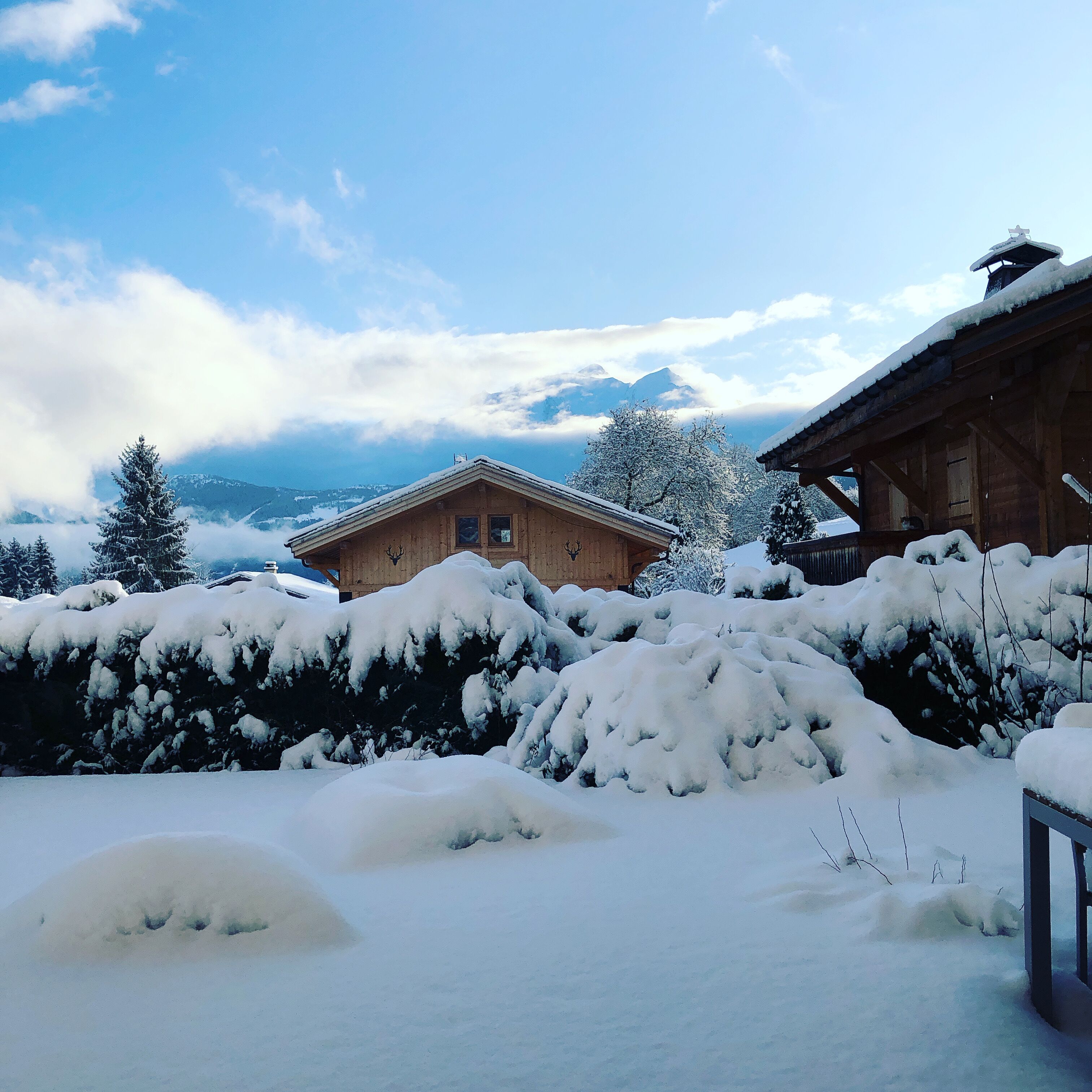 A wooden chalet with a snow-covered roof, surrounded by snow-laden trees and a mountainous backdrop.