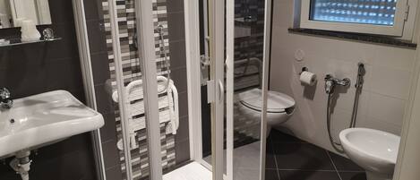 A modern bathroom with a glass-enclosed shower, a toilet, and a sink.