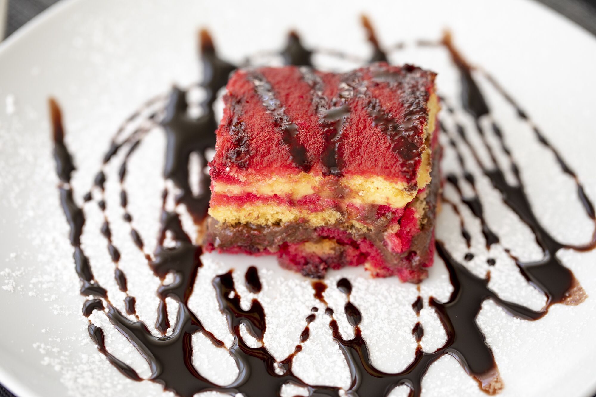 A slice of layered cake with chocolate drizzle and powdered sugar on a plate.