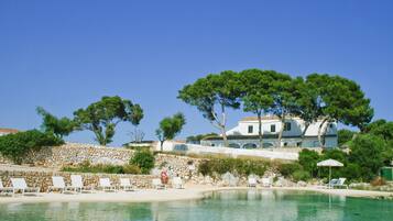 Outdoor pool, pool umbrellas, pool loungers