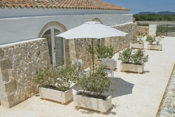 Un patio con paredes de piedra, plantas en macetas y mobiliario para exterior.
