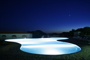 Outdoor pool, pool umbrellas, pool loungers