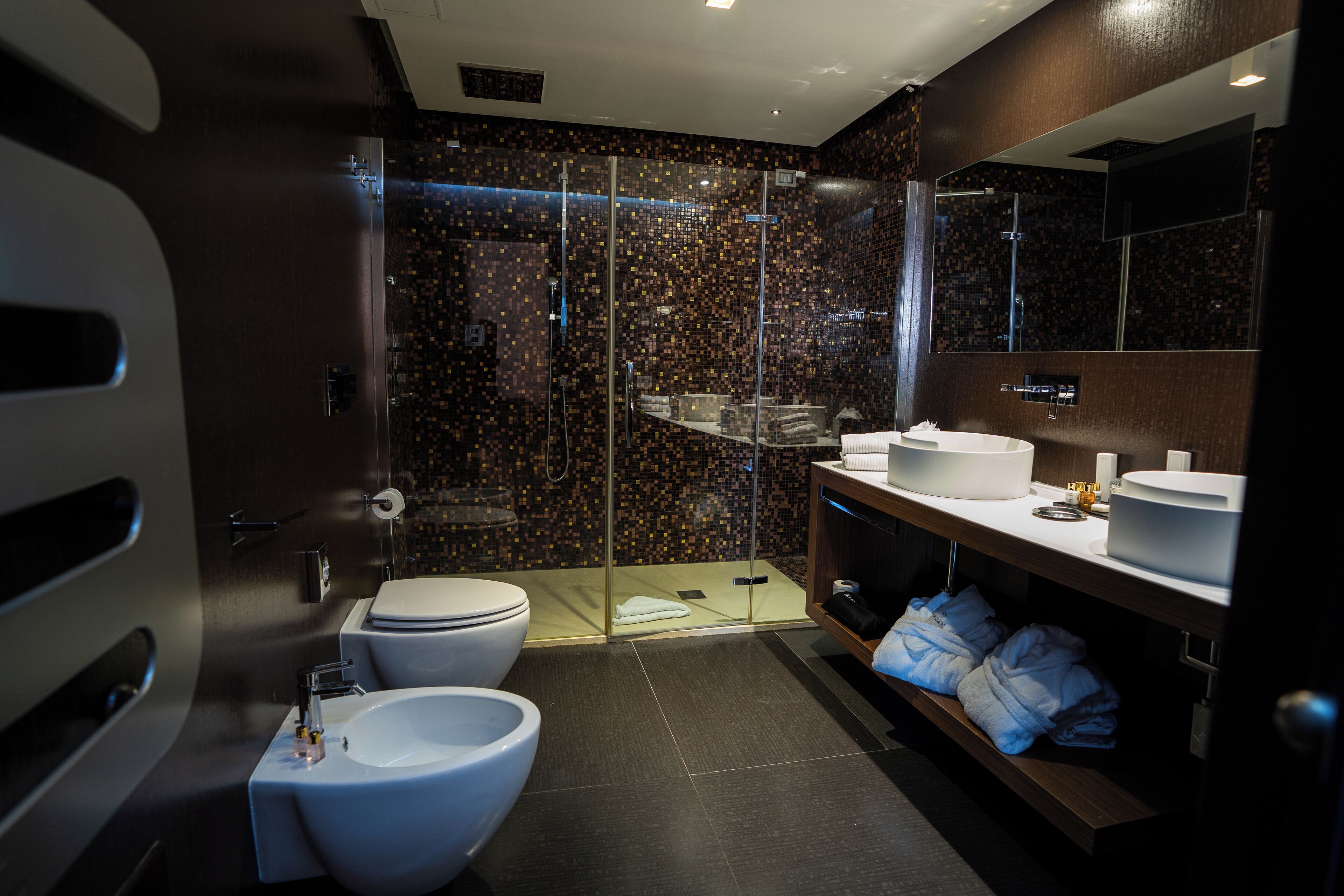deluxe studio suite | bathroom | designer toiletries, hair dryer, slippers, bidet