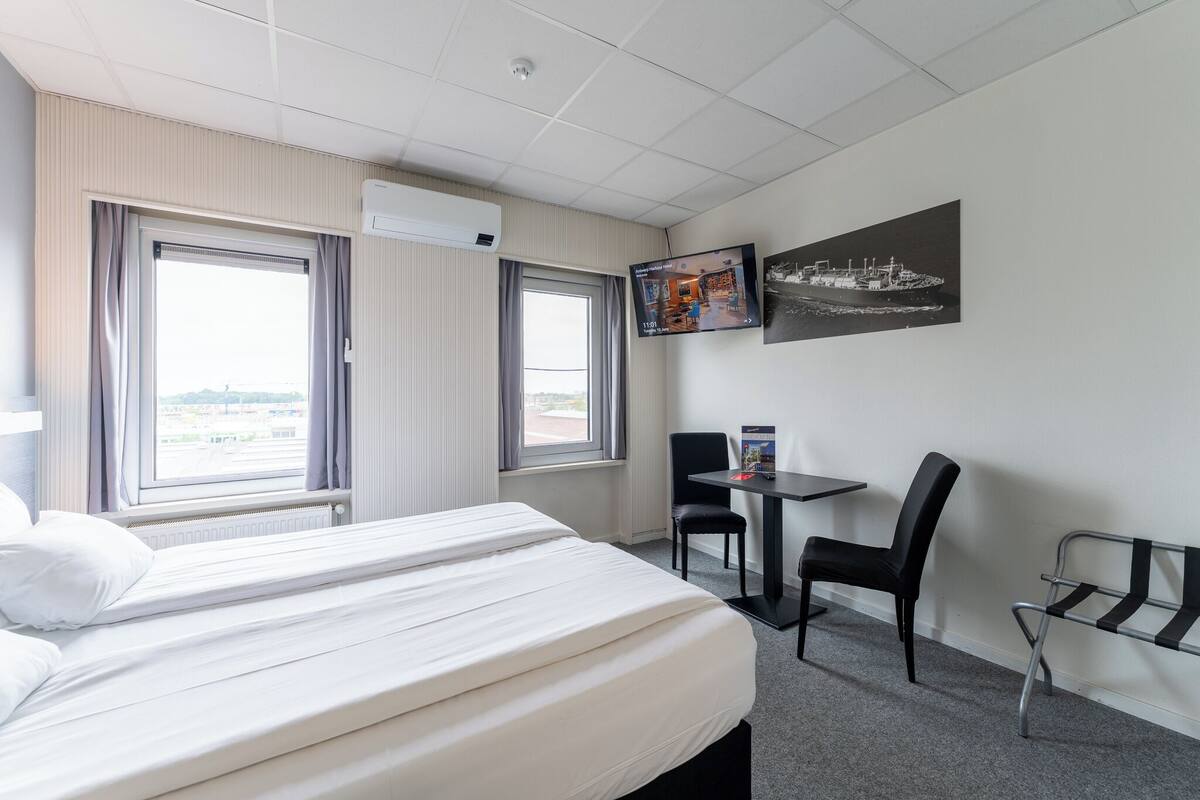 A hotel room with a bed, a desk, two chairs, a TV, and a window with curtains.