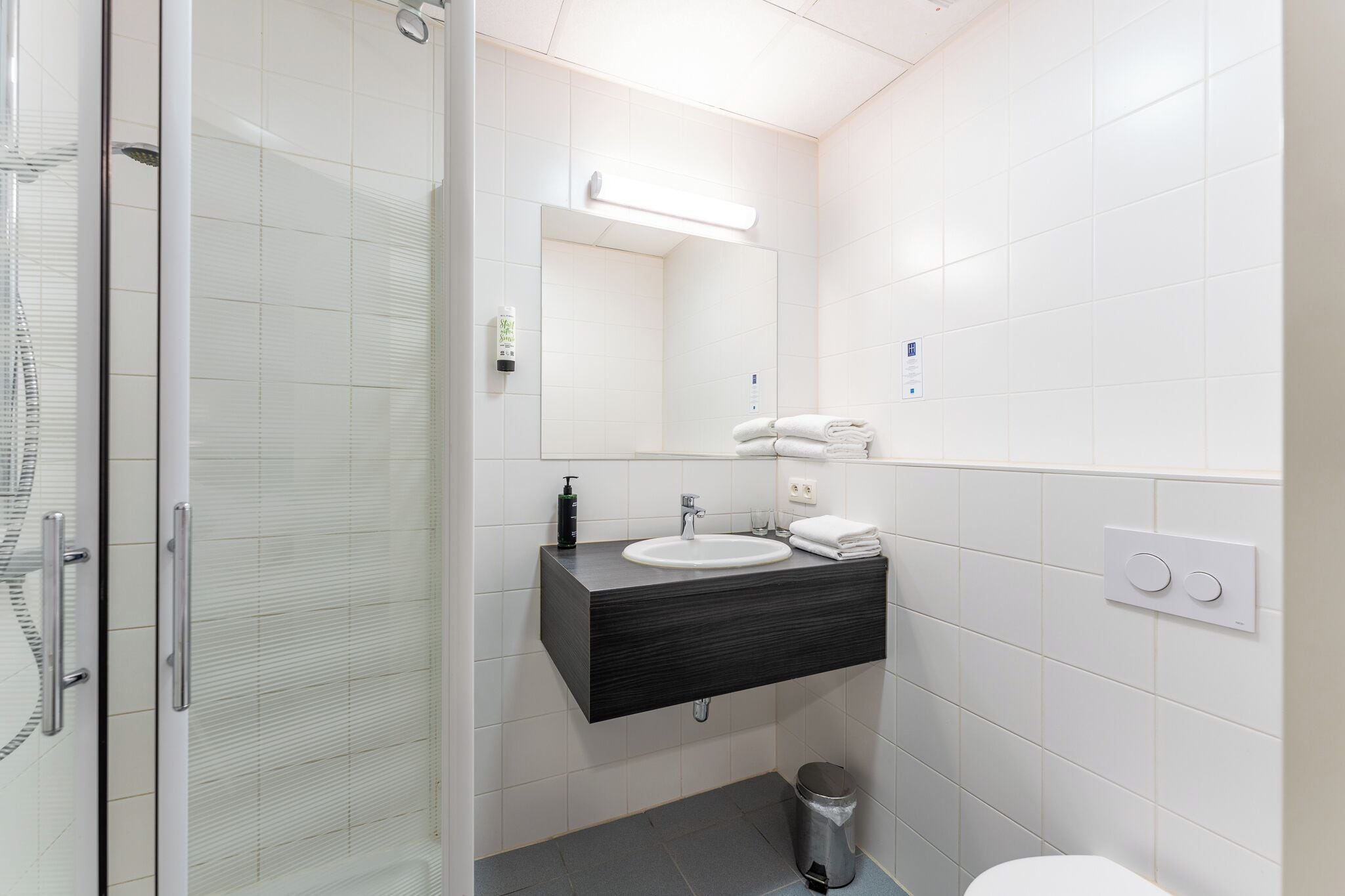 A modern bathroom with a glass shower enclosure, a dark wood vanity with a white sink, a mirror, and a toilet.