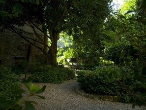Un camino de grava que serpentea por un jardín con follaje denso y un muro de piedra.