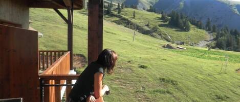 A person leaning on a wooden railing overlooking a grassy hillside.