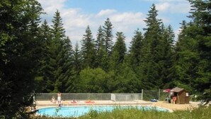 A swimming pool surrounded by a metal fence, with a small wooden structure nearby. - Résidence Les Blanches Provençales (Selonnet)