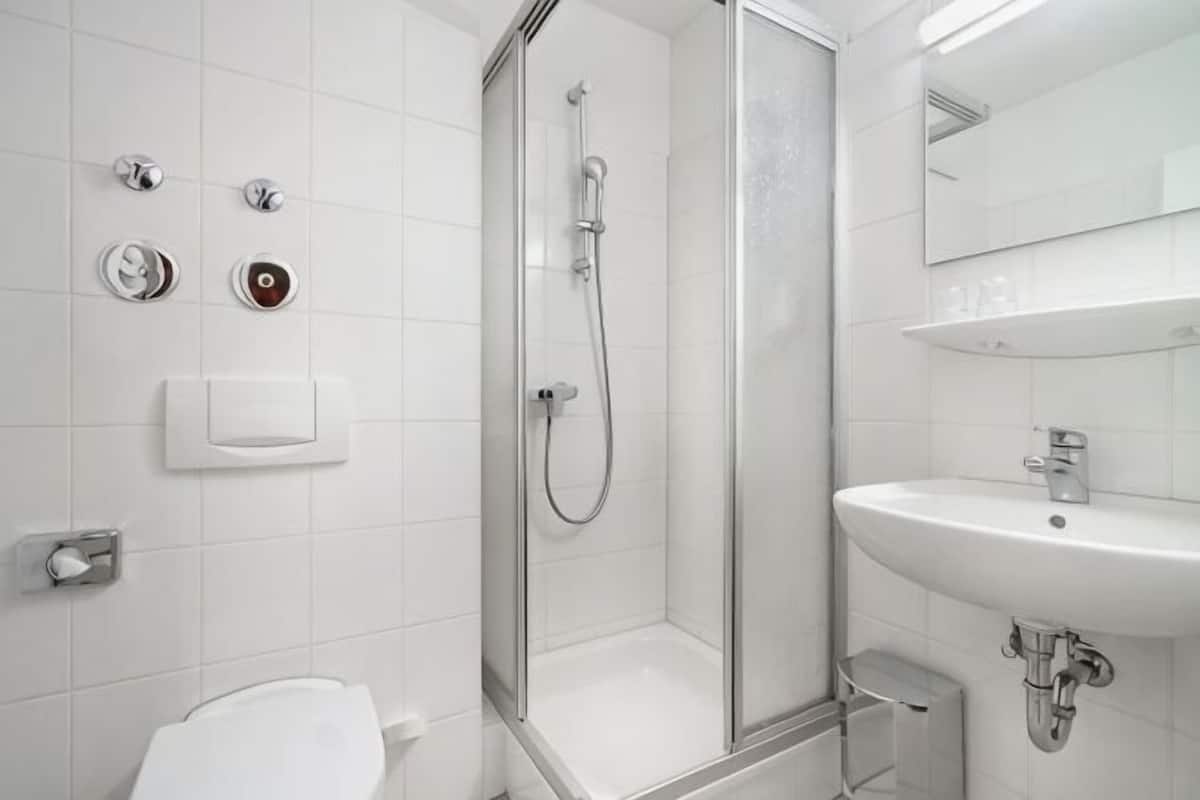 A modern bathroom with a glass-enclosed shower, a white sink, and a toilet.