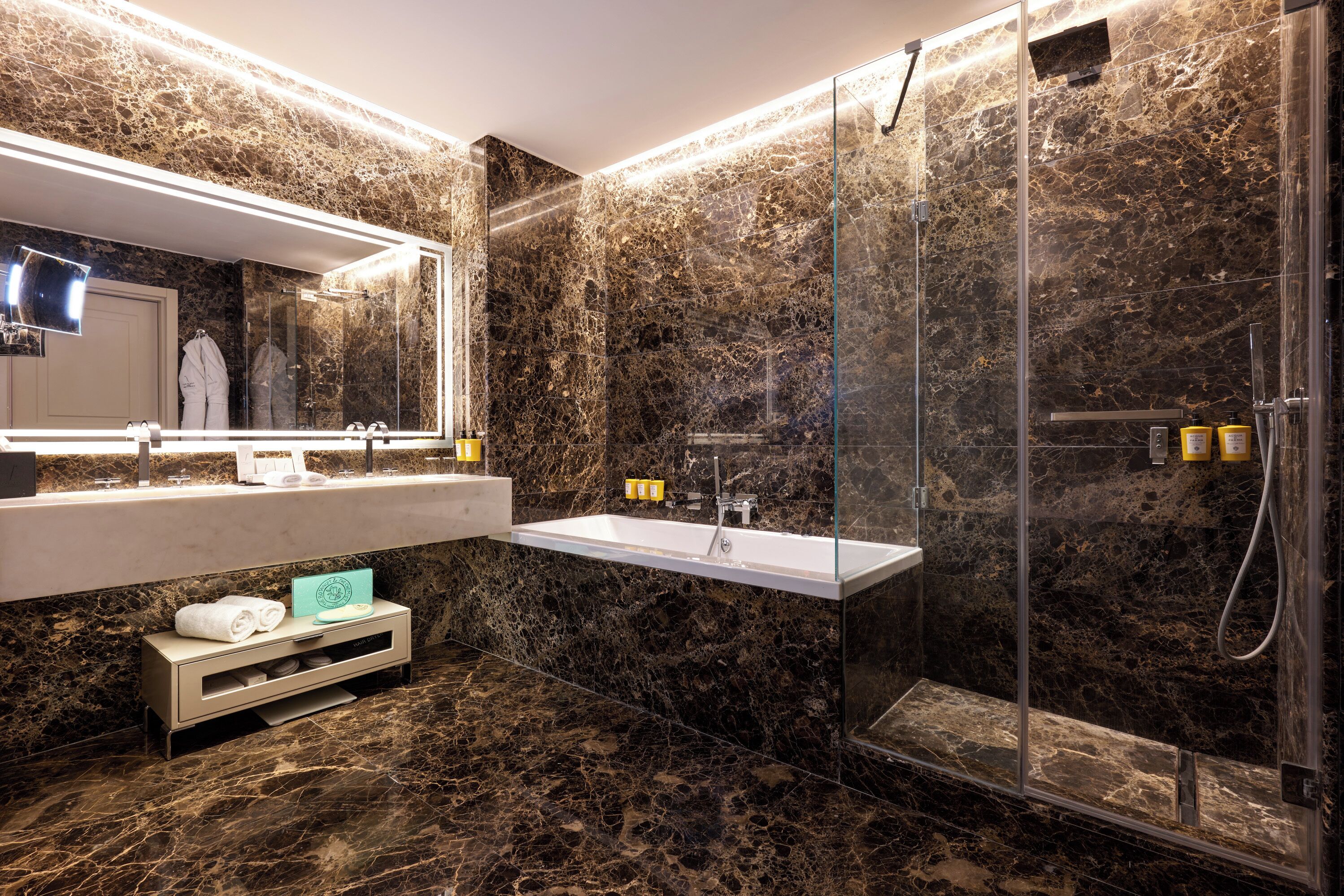 presidential suite | bathroom | rainfall showerhead, free toiletries, hair dryer, bathrobes