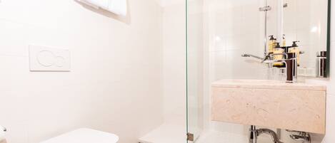 Un baño moderno con ducha envuelta en vidrio, inodoro blanco y lavamanos con encimera de mármol.