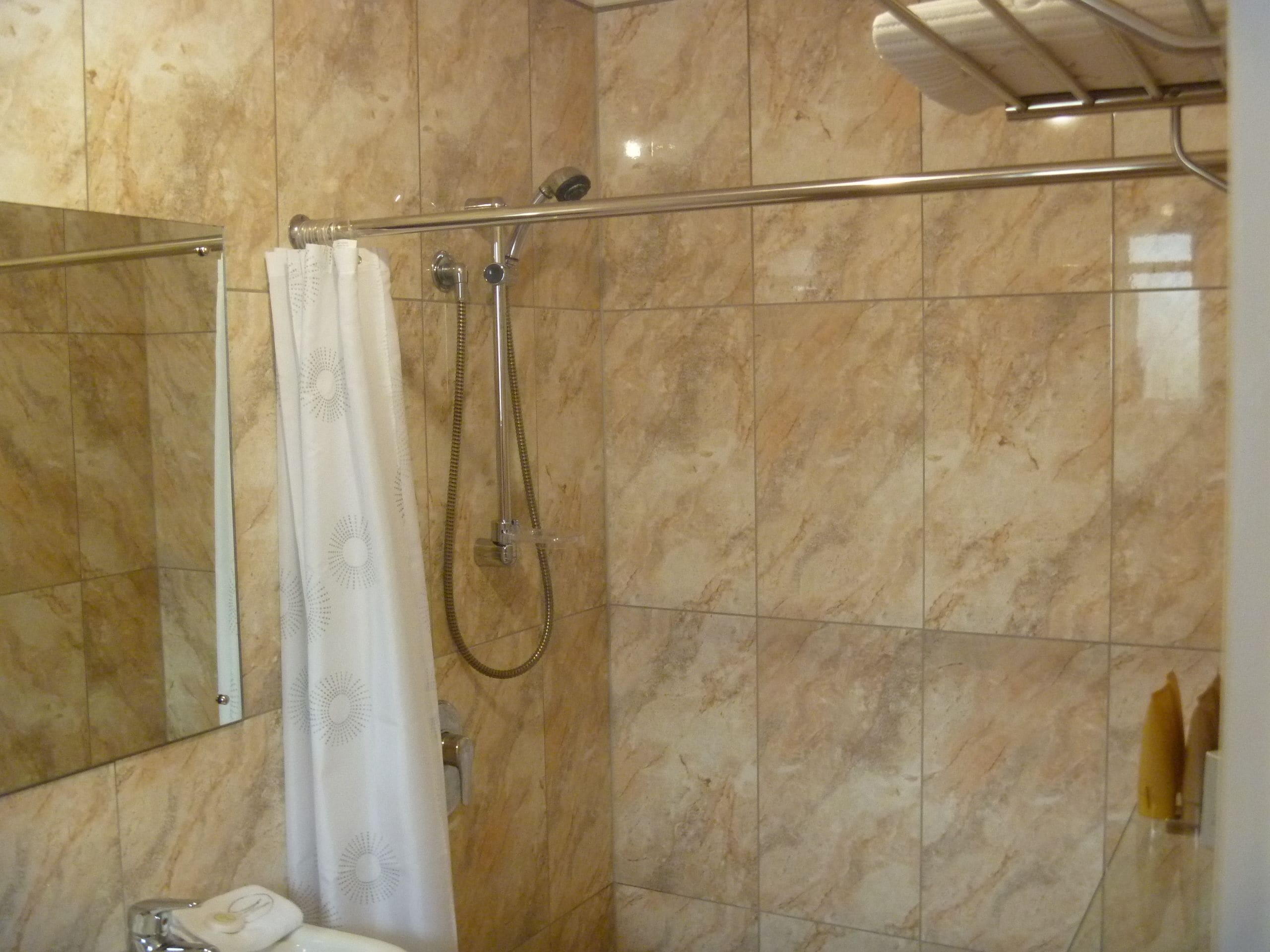 A bathroom with a shower, a toilet, and a mirror.
