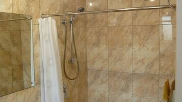 A bathroom with a shower, a toilet, and a mirror.