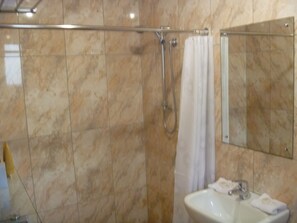 Habitación con 1 cama doble o 2 individuales | Baño | Ducha, artículos de higiene personal gratuitos y secador de pelo