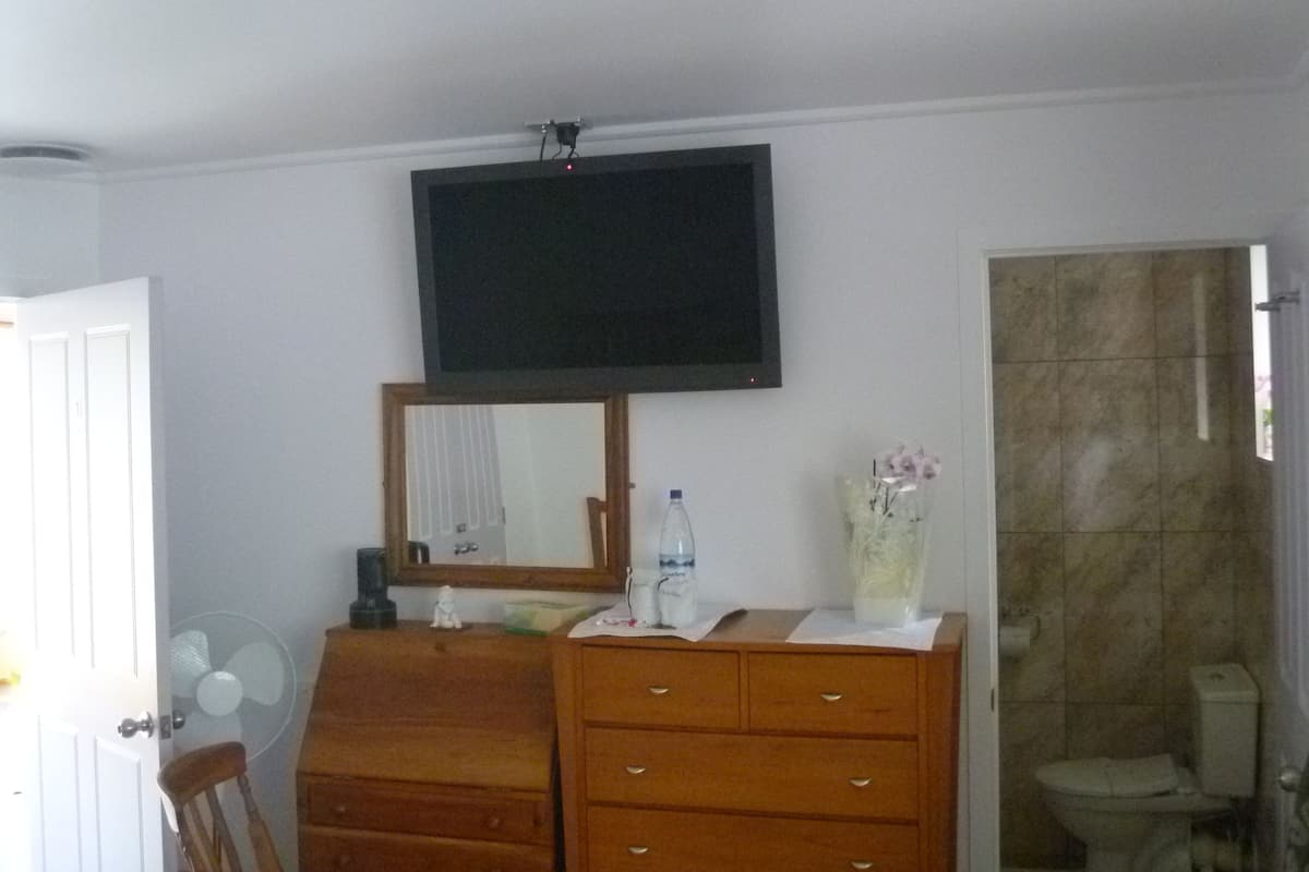 A bathroom with a wooden dresser, a mirror, a fan, a toilet, and a shower area.
