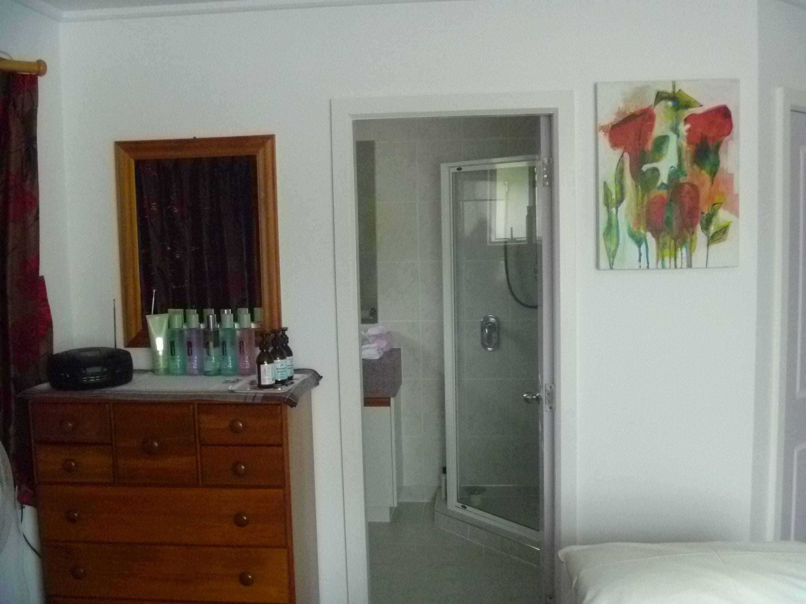 Une chambre avec une commode en bois, un miroir, une douche et un tableau accroché au mur.