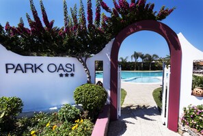 Outdoor pool, pool umbrellas, pool loungers