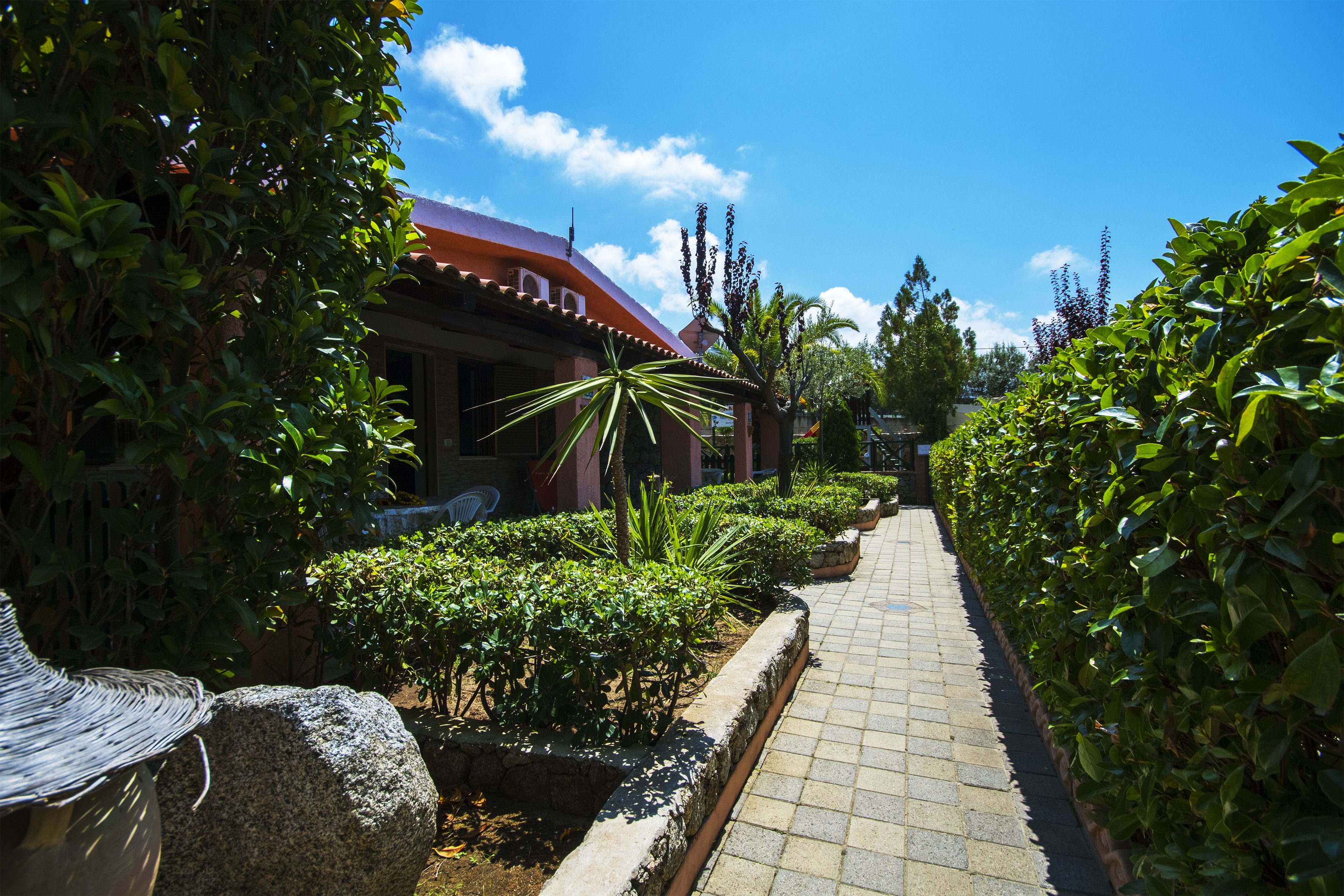 A pathway lined with greenery and a building with a red roof.