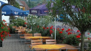 Espace extérieur aménagé avec des tables et des bancs, entouré de fleurs rouges et de verdure.