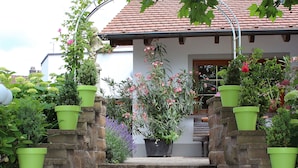 Une maison avec un toit en tuiles, des marches en pierre et des plantes en pot.