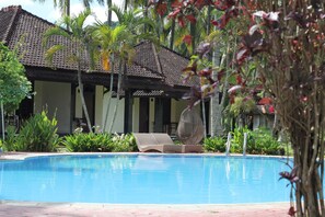 Outdoor pool, pool umbrellas, pool loungers