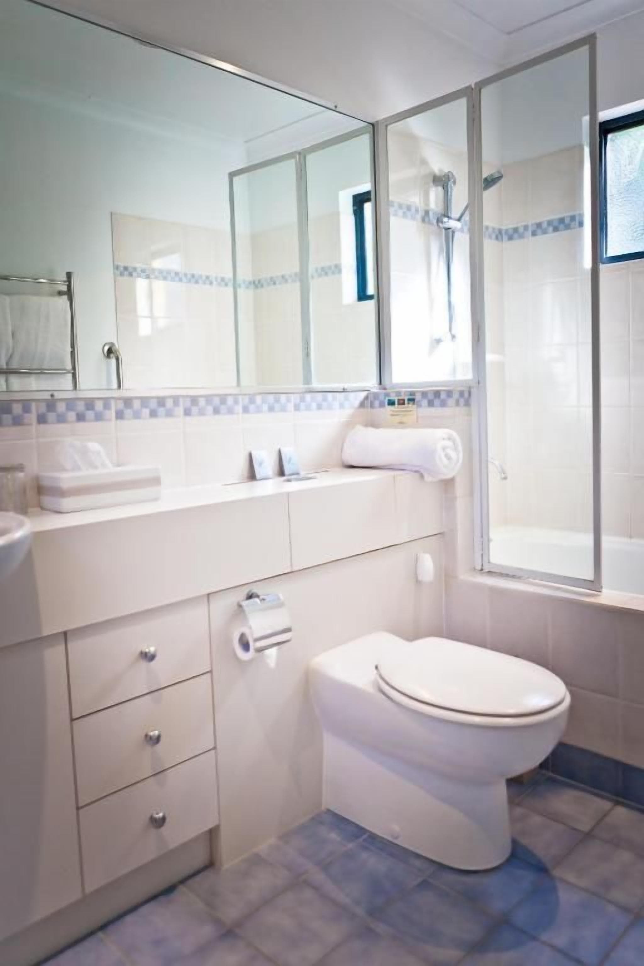 Une salle de bain équipée de toilettes, d’un lavabo, d’un miroir et d’une douche.